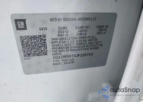 2018 Chevrolet Malibu 1Ls z USA, uszkodzony, nr VIN 1G1ZB5ST3JF225753